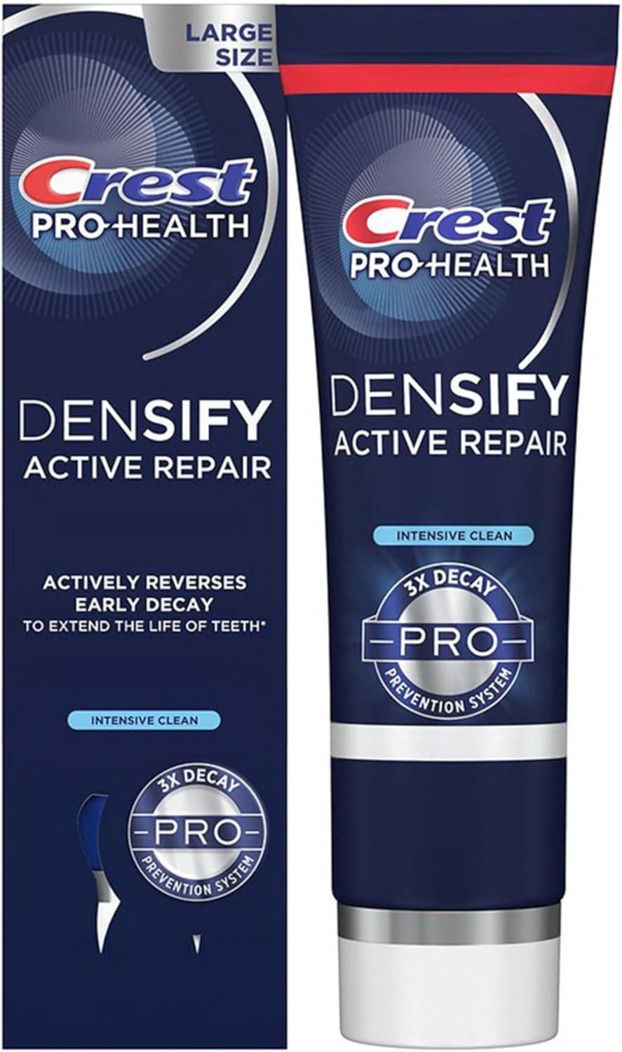 Crest Pro-Health Densify Active Repair Intensive Clean Toothpaste tube and box, promoting enamel protection and decay prevention.