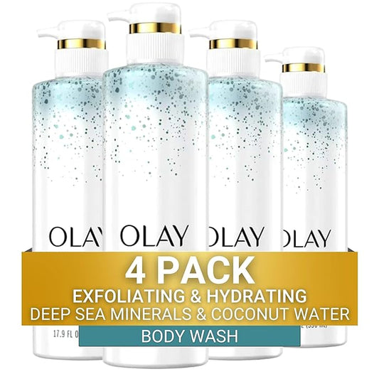 Four bottles of Olay body wash with a gold label indicating a 4-pack.