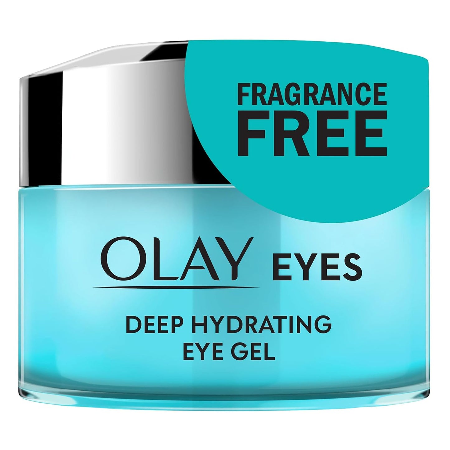 Olay Eyes deep hydrating eye gel jar with 'Fragrance Free' label on a white background