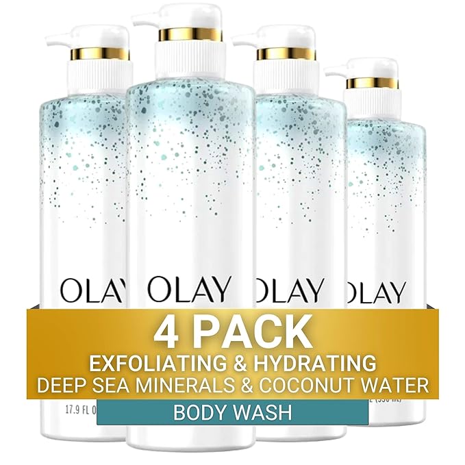 Four bottles of Olay body wash with a gold label indicating a 4-pack.