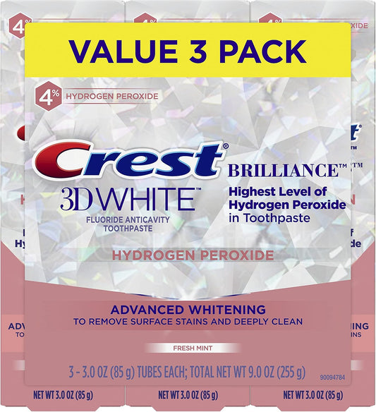 Crest 3D White toothpaste packaging with 'Value 3 Pack' label