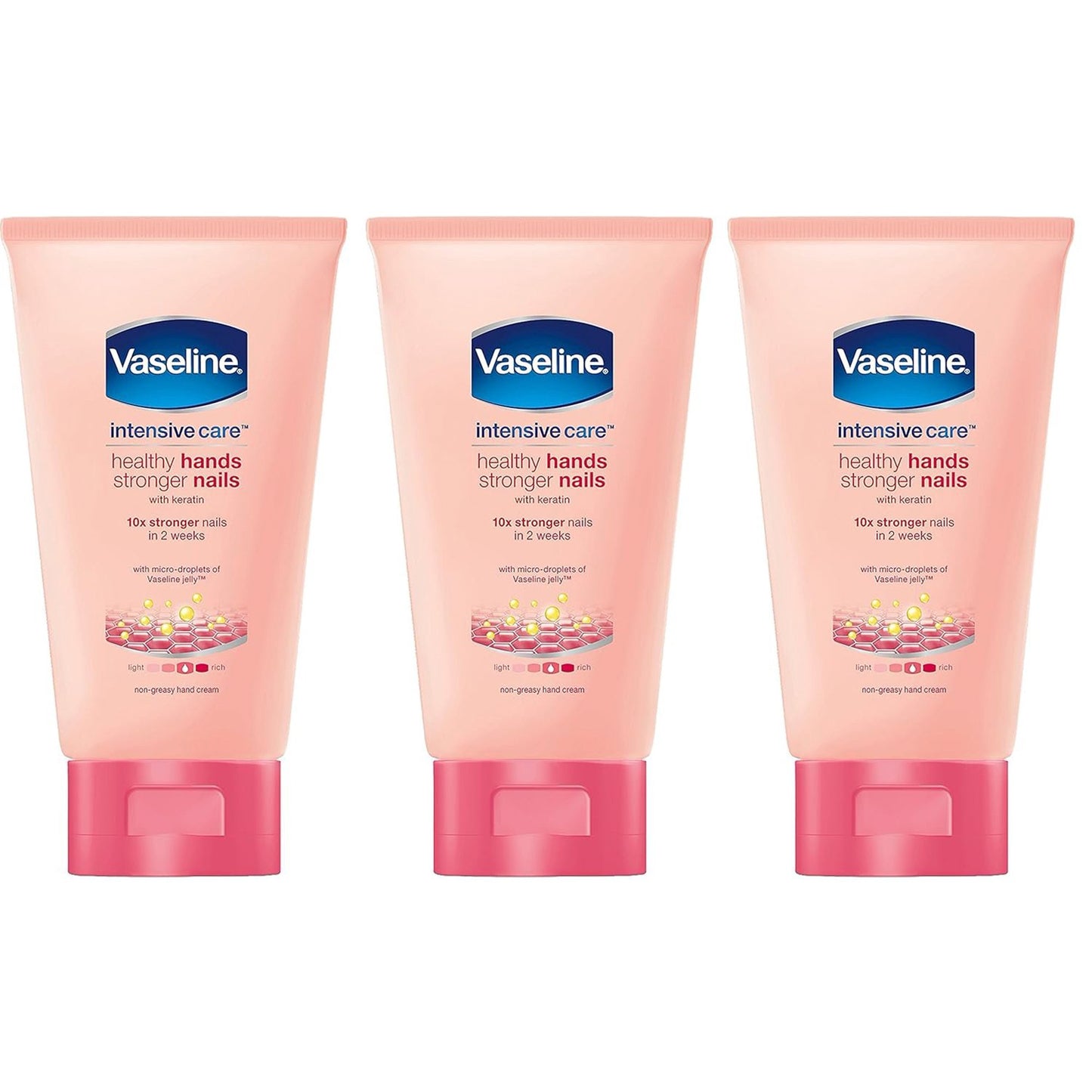 Three tubes of Vaseline Intensive Care hand cream on a white background