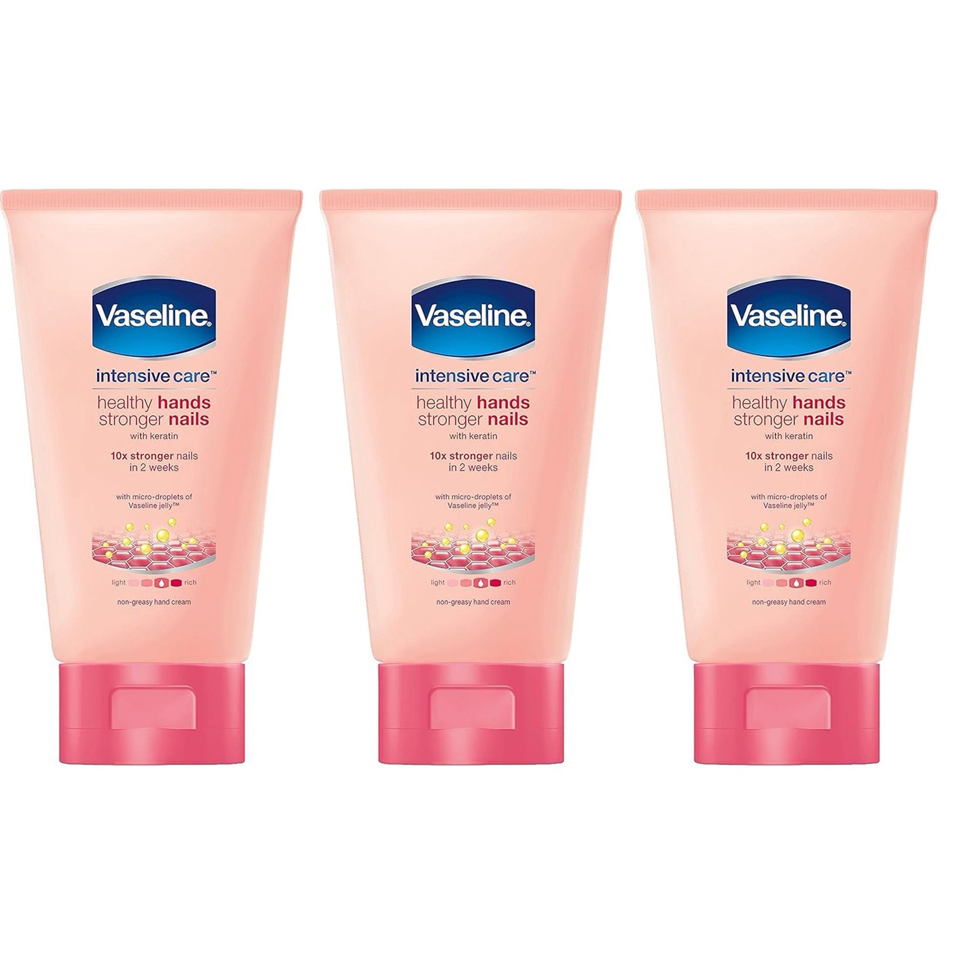Three tubes of Vaseline Intensive Care hand cream on a white background